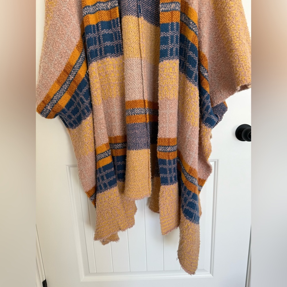 Free People Mercer Hooded Kimono Poncho Bohemian Plaid Stripe Knit Sweater - Picture 4 of 7
